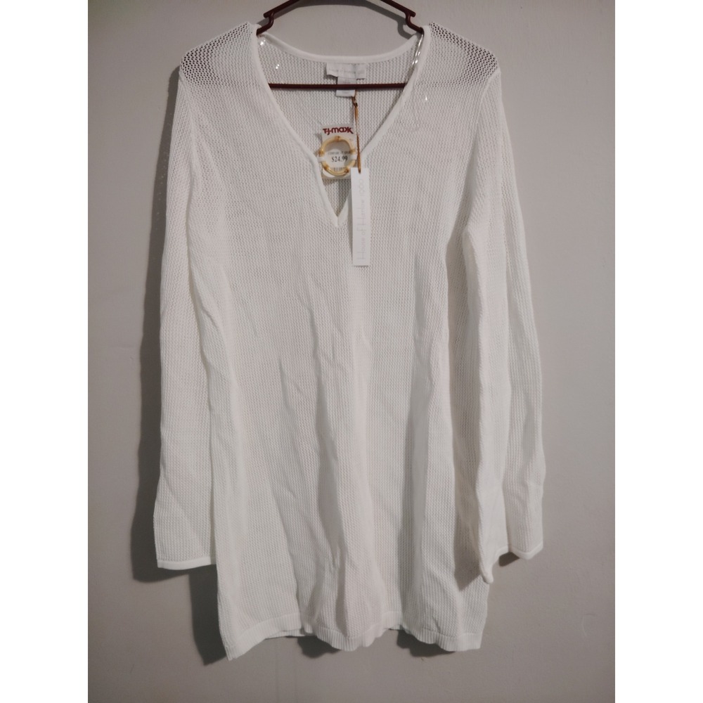 House of Harlow 1960 Womens White Open Knit V-Neck Tunic Sweater Size Small NWT